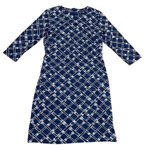 J McLaughlin Sophia Catalina Navy Blue White Bamboo Print Sheath Dress Women's L